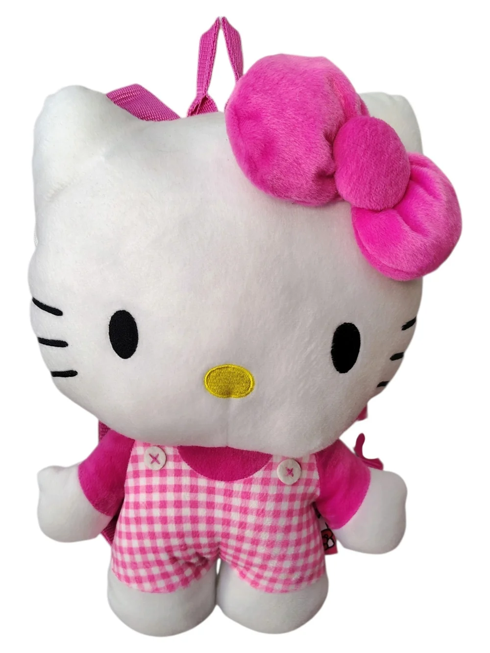 Hello Kitty Plush Backpack in Pink and White with Checkered Overalls